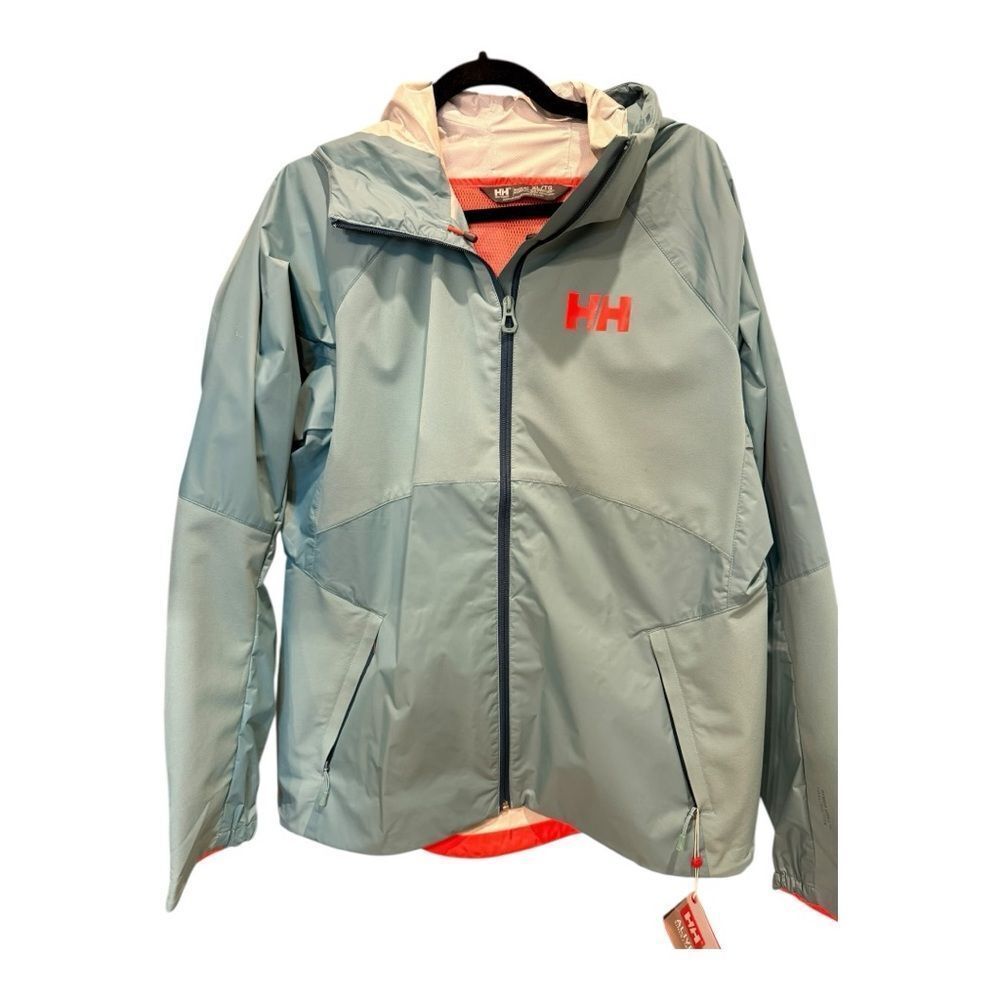 Helly Hansen Aqua and Orange accent  Hooded rain Jacket